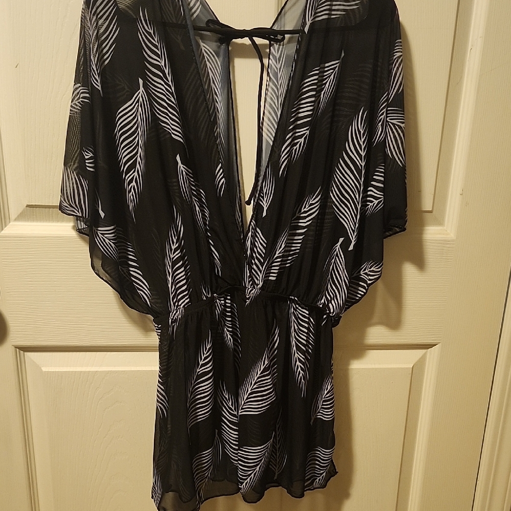 SHEIN Black Sheer Feather Print Swim Coverup
